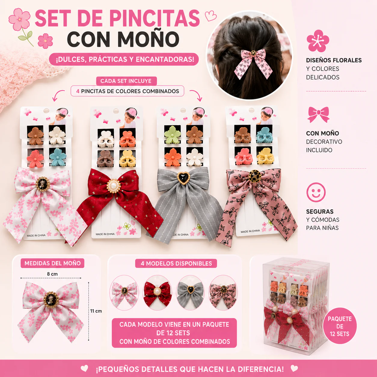12 Sets Moño y Pincitas Flores/Corazón/Pedreria $15 c/u - Image 2