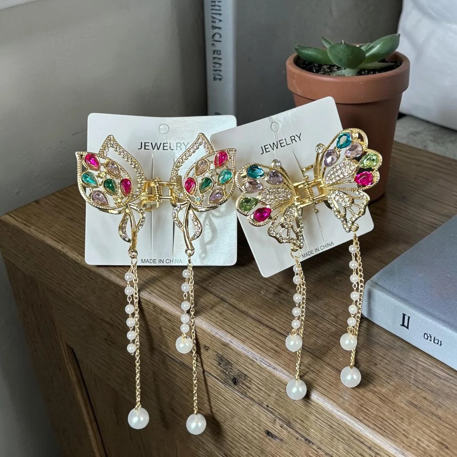 6 Pinzas Mariposas Premium con Pedreria y Perlas $22 c/u