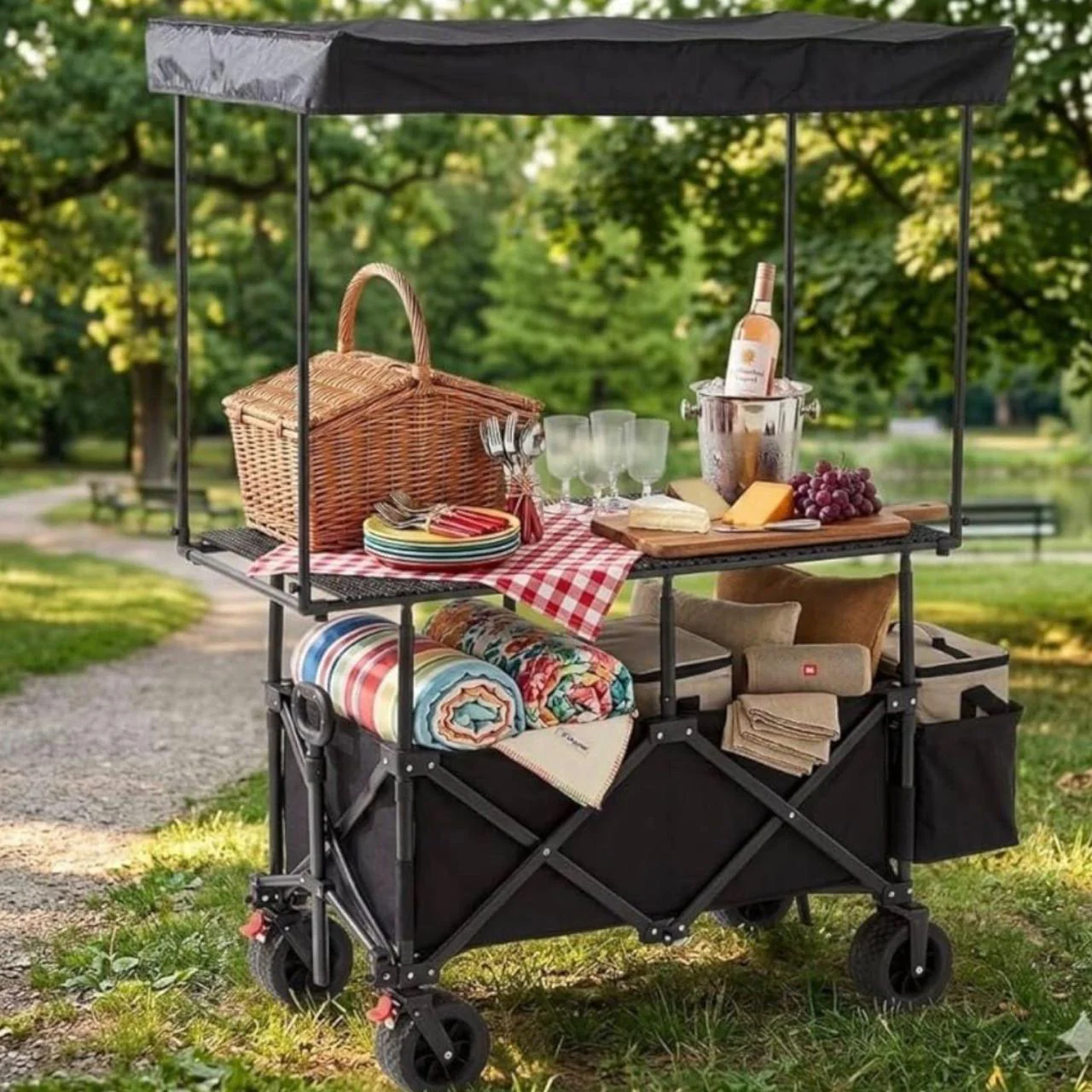 Carrito Utilitario Plegable de Doble Nivel con Toldo Protector y Mesa - Image 7